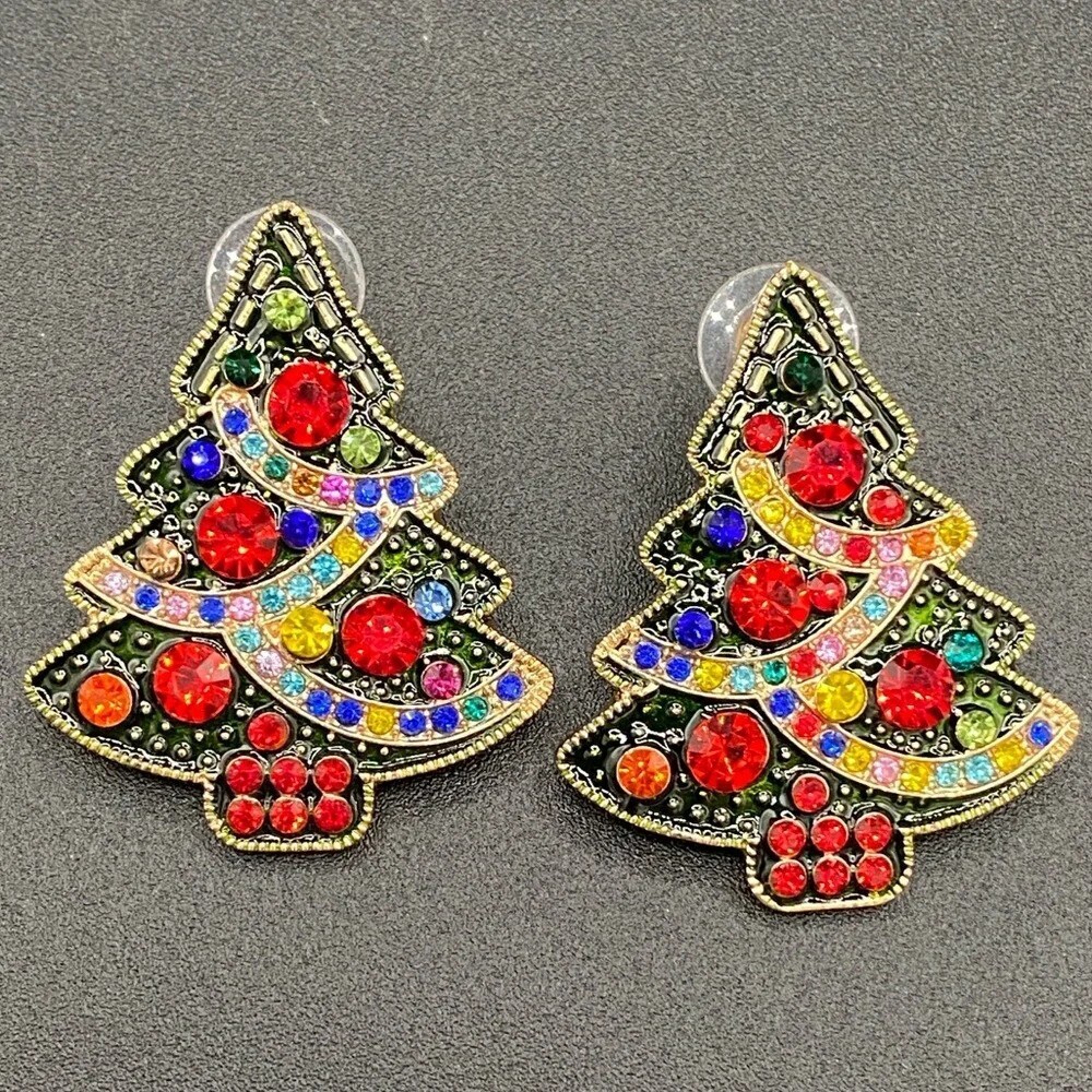 Red Sparkly Christmas Tree Earrings Pierced